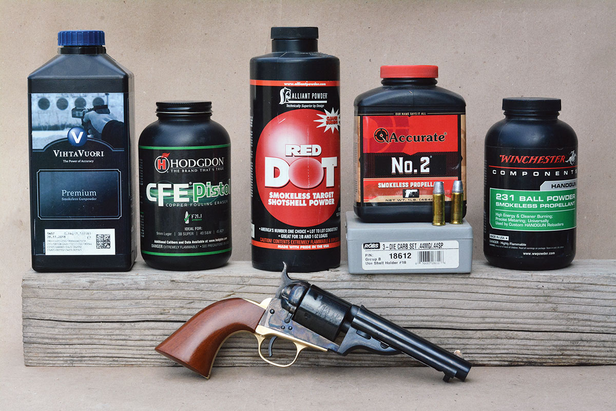 Brian used several powders to develop 44 Special handload data for the Cimarron 1872 Open Top.